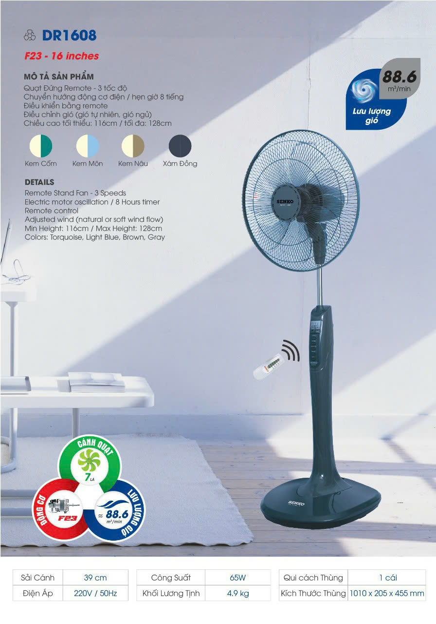 Quạt Đứng Điều Khiển Từ Xa Senko DR1608