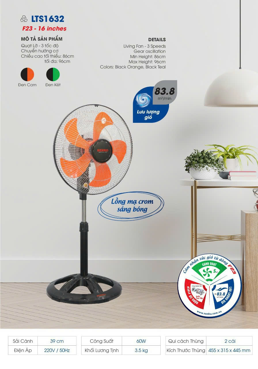 Quạt Lỡ Thân Sắt Lồng Mạ Crom Senko LTS1632