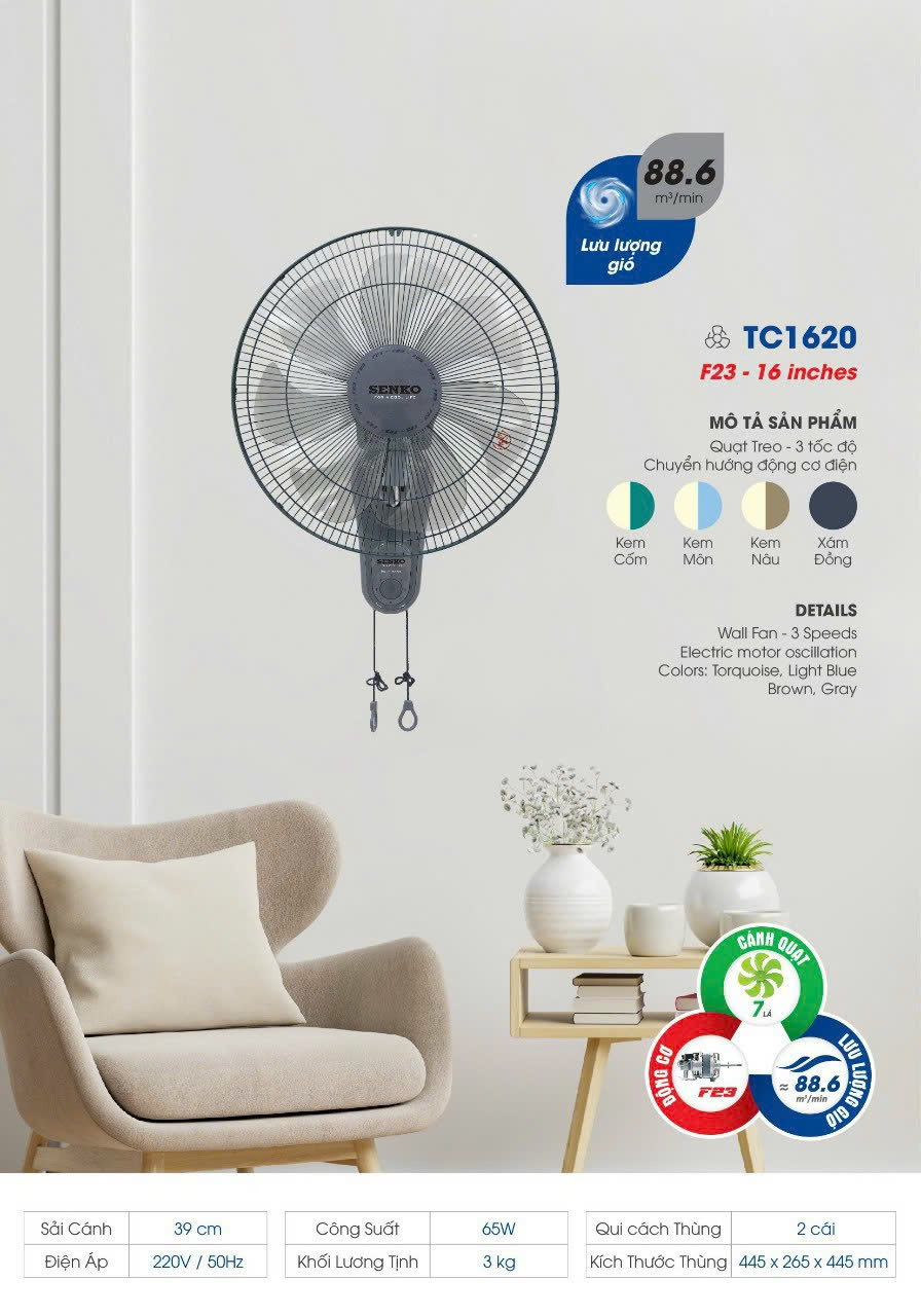 Quạt Treo Tường 2 Dây (Chuyển Hướng Điện) Senko TC1620