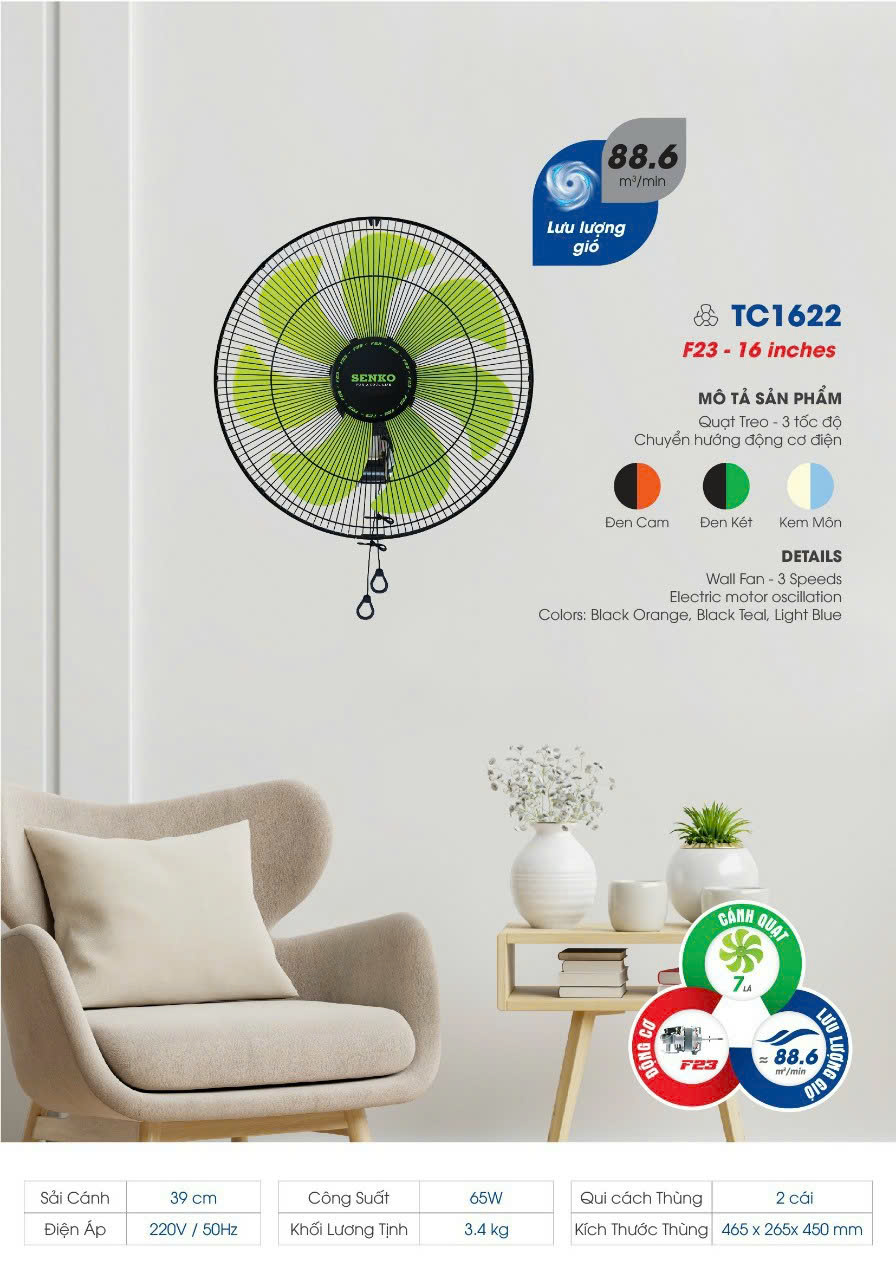 Quạt Treo Tường Hai Dây (Chuyển Hướng Điện) Senko TC1622