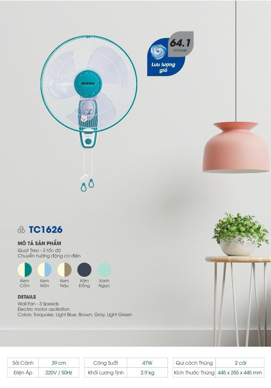 Quạt Treo Tường Hai Dây (Chuyển hướng điện) Senko TC1626