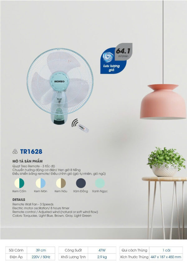 Quạt Treo Tường Điều Khiển Từ Xa Senko TR1628