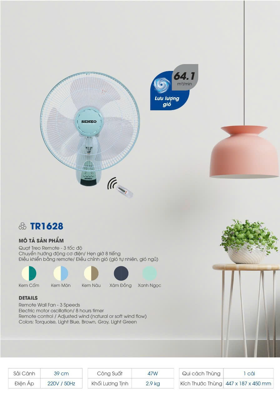 Quạt Treo Tường Điều Khiển Từ Xa Senko TR1628